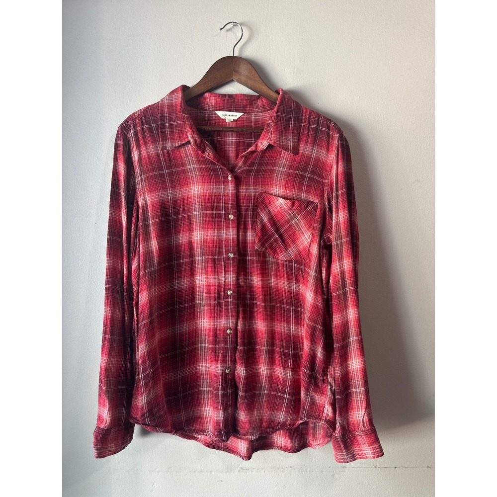 Lucky Womens Red Plaid Flannel Button Up Shirt Large Cotton Blend Granona Grunge